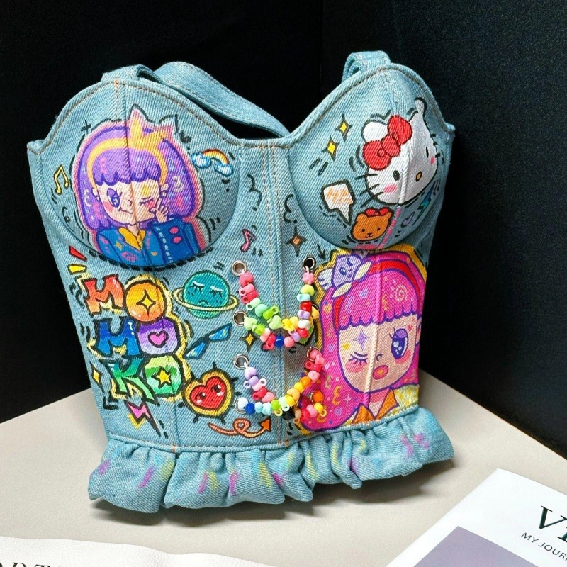 Sac de soutien-gorge en denim mignon peint à la main fait à la main pour filles Momoko