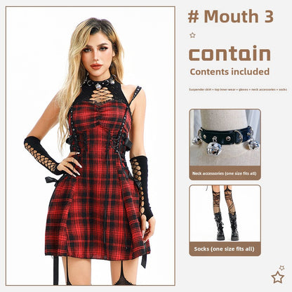 Dark Goth Asian Culture Lace Hot Girl Sweet Cool Y2g Plaid Millennium Waste Soil Style Dress Performance Costume