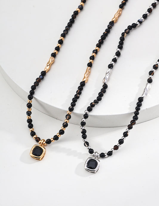 S925 Silver round glossy black agate necklace