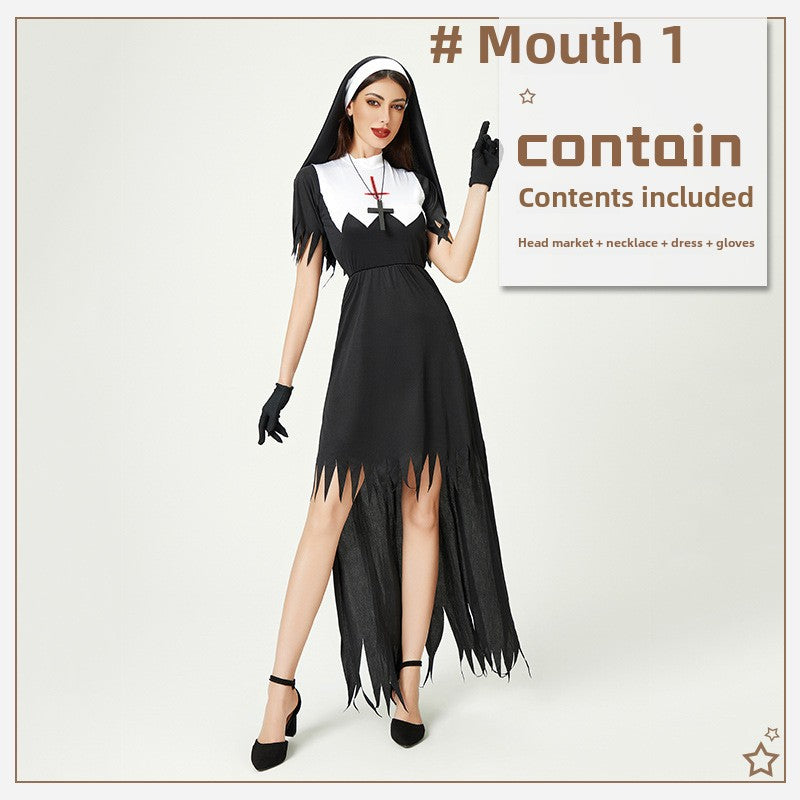 Halloween Costume Cosplay Nun Costume Cross Dress European and American Stage Performance Costume