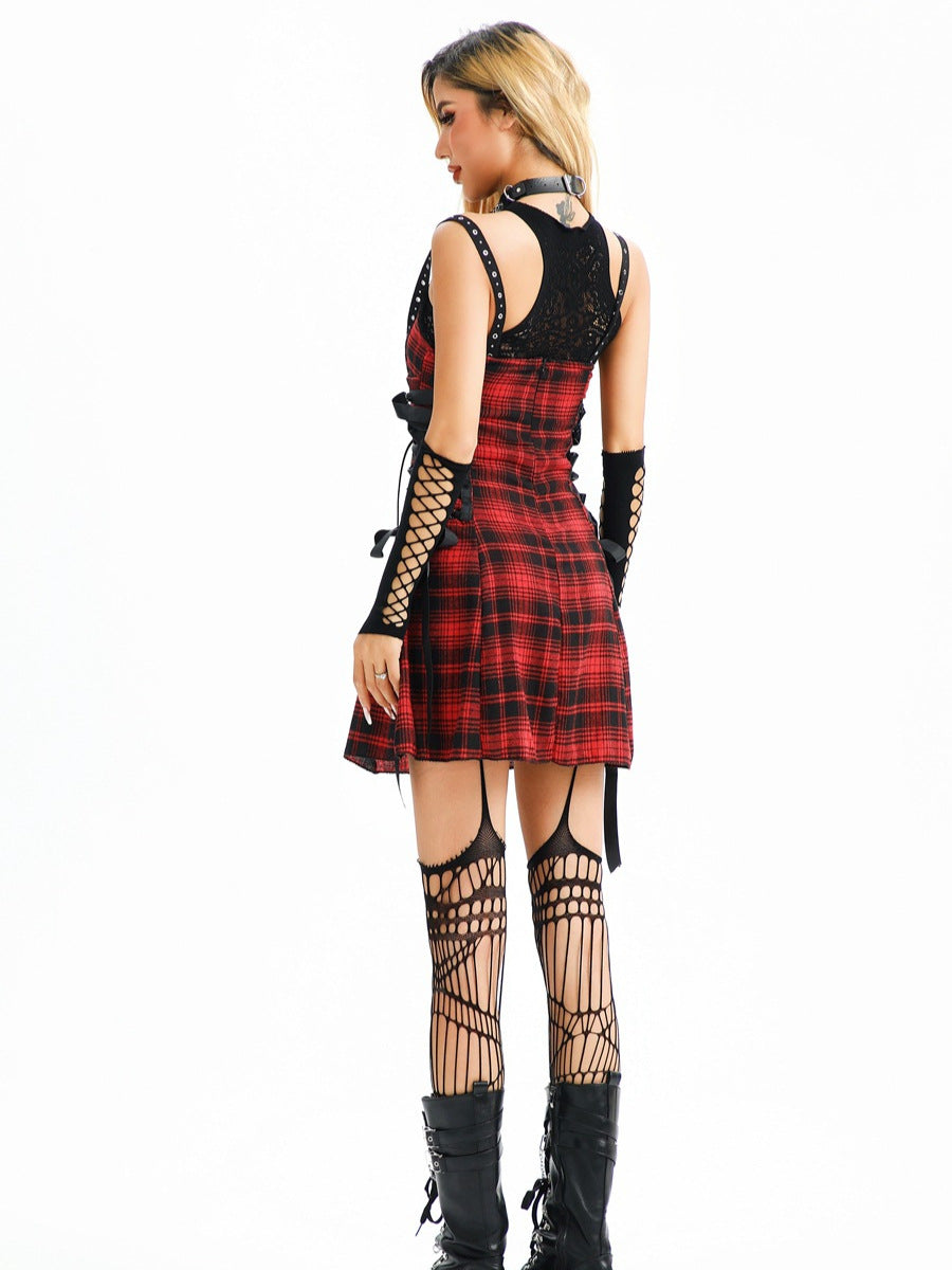 Dark Goth Asian Culture Lace Hot Girl Sweet Cool Y2g Plaid Millennium Waste Soil Style Dress Performance Costume