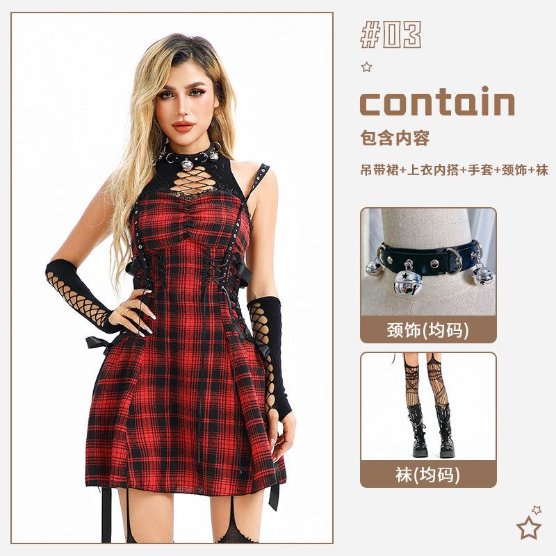 Dark Goth Asian Culture Lace Hot Girl Sweet Cool Y2g Plaid Millennium Waste Soil Style Dress Performance Costume