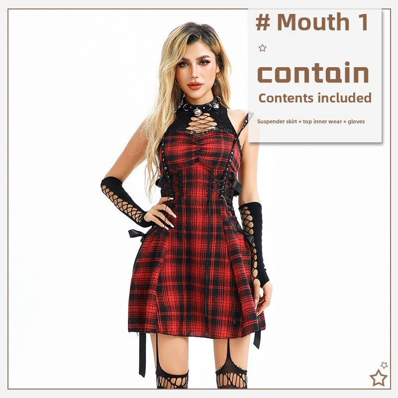 Dark Goth Asian Culture Lace Hot Girl Sweet Cool Y2g Plaid Millennium Waste Soil Style Dress Performance Costume