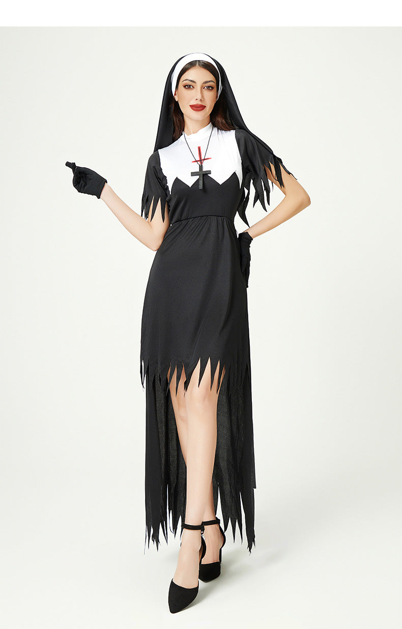 Halloween Costume Cosplay Nun Costume Cross Dress European and American Stage Performance Costume