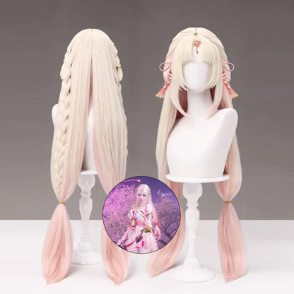 Naraka: Bladepoint Hutao Sakura Cloud Goddess Cosplay Wig Double Ponytail Braided Long Fluffy Fake Hair