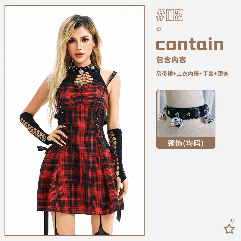 Dark Goth Asian Culture Lace Hot Girl Sweet Cool Y2g Plaid Millennium Waste Soil Style Dress Performance Costume